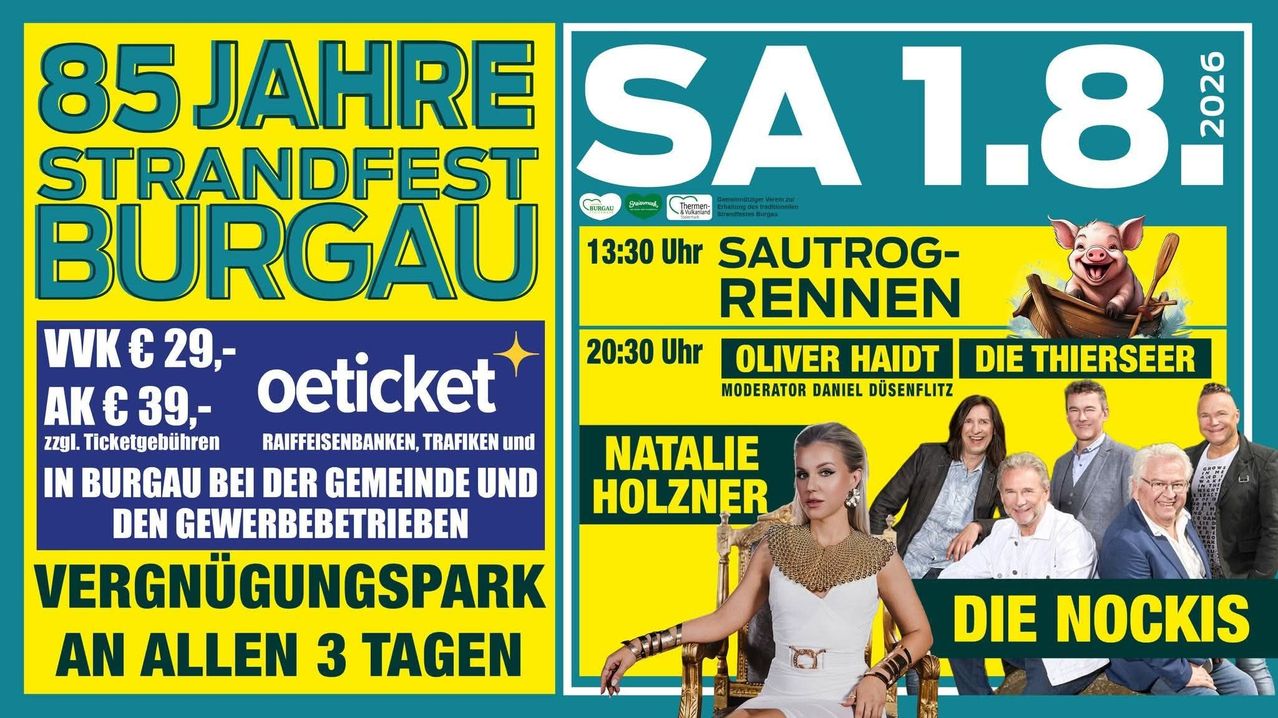 Plakat für das jährliche Burgau-Festival mit einer Frau in einem goldenen Kleid und zwei Männern, von denen einer auf einem Stuhl sitzt. Das Plakat enthält Veranstaltungsdetails wie Uhrzeit und Namen der Teilnehmer.