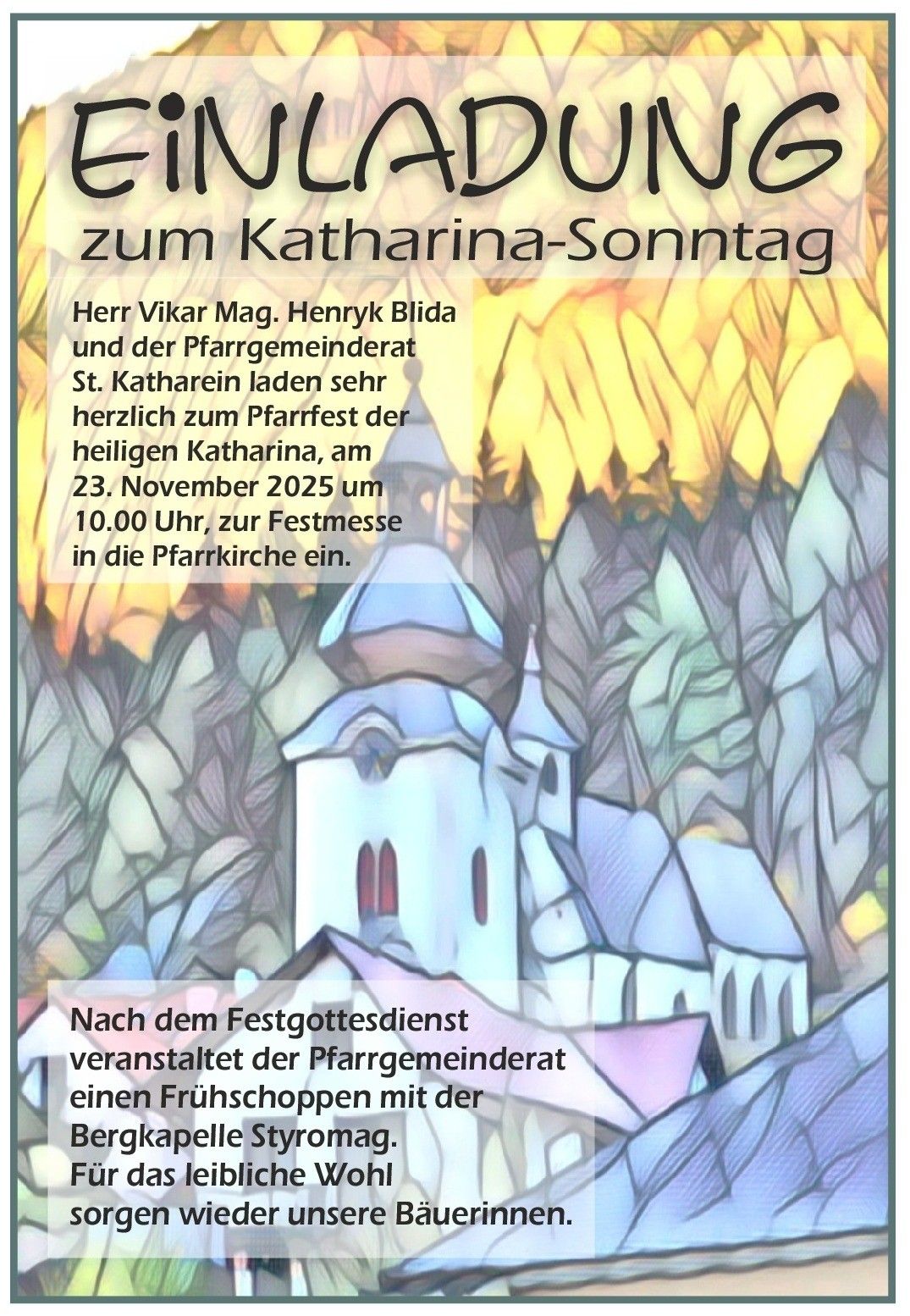 Poster for St. Katharina Sunday on November 23, 2025 at 10:00 AM in the parish church. Hosted by Vicar Mag. Henryk Blida and the parish council. Includes a festival mass and a breakfast after the service.