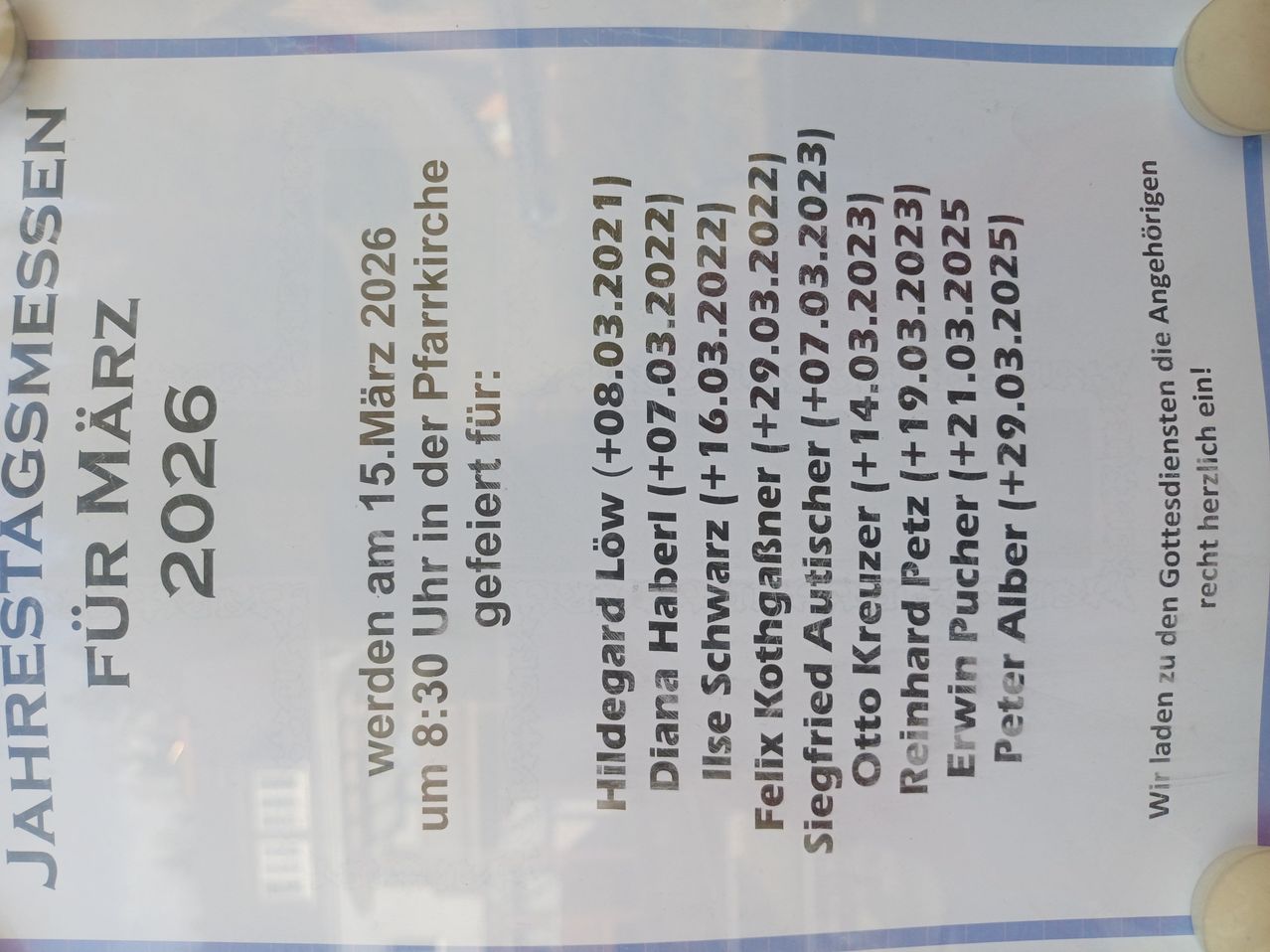 The image lists dates from 2021 to 2026, along with names. It includes dates like 08-03-2021, 07-03-2022, 16-03-2022, 29-03-2025, and 29-03-2025. Names include Hildegard Low, Diana Haberl, Ilse Schwarz, Felix Kottgarsen, Siegfried Autischwer, Otto Kreuzer, Reinhard Petz, Erwin Pucher, and Peter Alber.