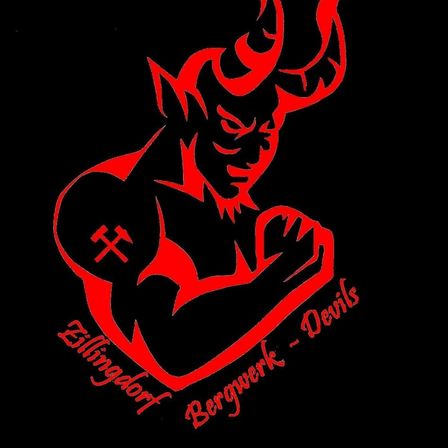 Eine rote Teufelsfigur mit Hörnern und einem Hammersymbol auf dem Arm zeigt seine Muskeln auf schwarzem Hintergrund. Unten steht "Eilendorf Bergwerk-Devils" geschrieben.