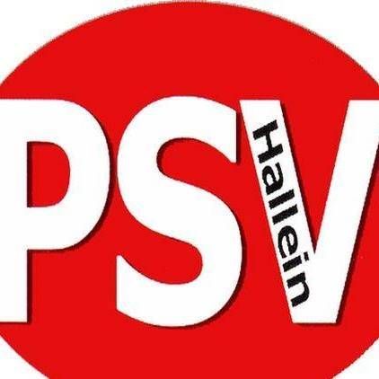 Das Bild zeigt das Logo von PSV Hallein, mit den Buchstaben 'PSV' in Weiß und 'Hallein' in fetter weißer Schrift auf rotem Hintergrund.