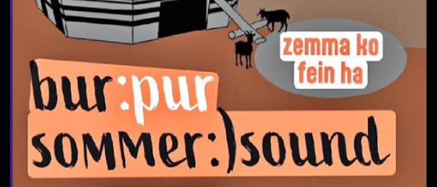 Plakat für das bur:pur Sommer:Sound-Event mit verschiedenen Bands und Terminen. Das Plakat hat einen braunen Hintergrund, eine Ziegenillustration und eine Liste von Bands mit ihren Auftrittsterminen.