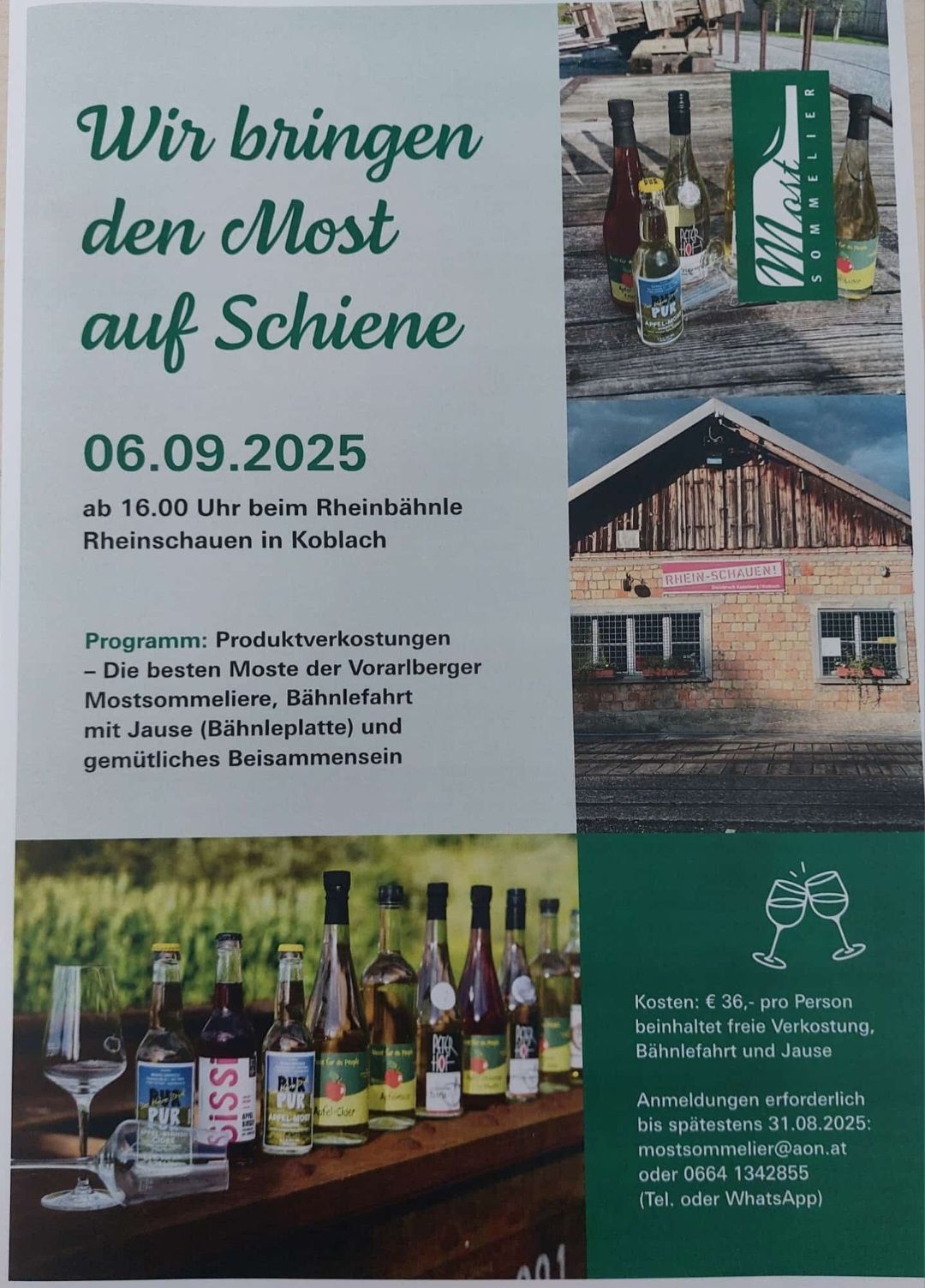 Flugblatt zur Werbung für die Rheinschaunen-Veranstaltung in Koblach am 6. September 2025. Die Veranstaltung bietet Verkostungen der besten Moste aus Vorarlberg, eine Mostsammlung, eine Bähnelefahrt und ein gemütliches Beisammensein mit Saft und Marmelade. Die Kosten betragen 36 € pro Person, was kostenlose Verkostungen, eine Bähnelefahrt und Saft beinhaltet. Anmeldung erforderlich.