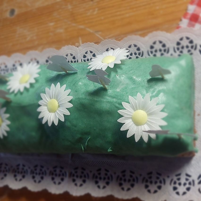 A green cake with white daisy flowers on a doily over a wooden surface. The cake is decorated with green icing.