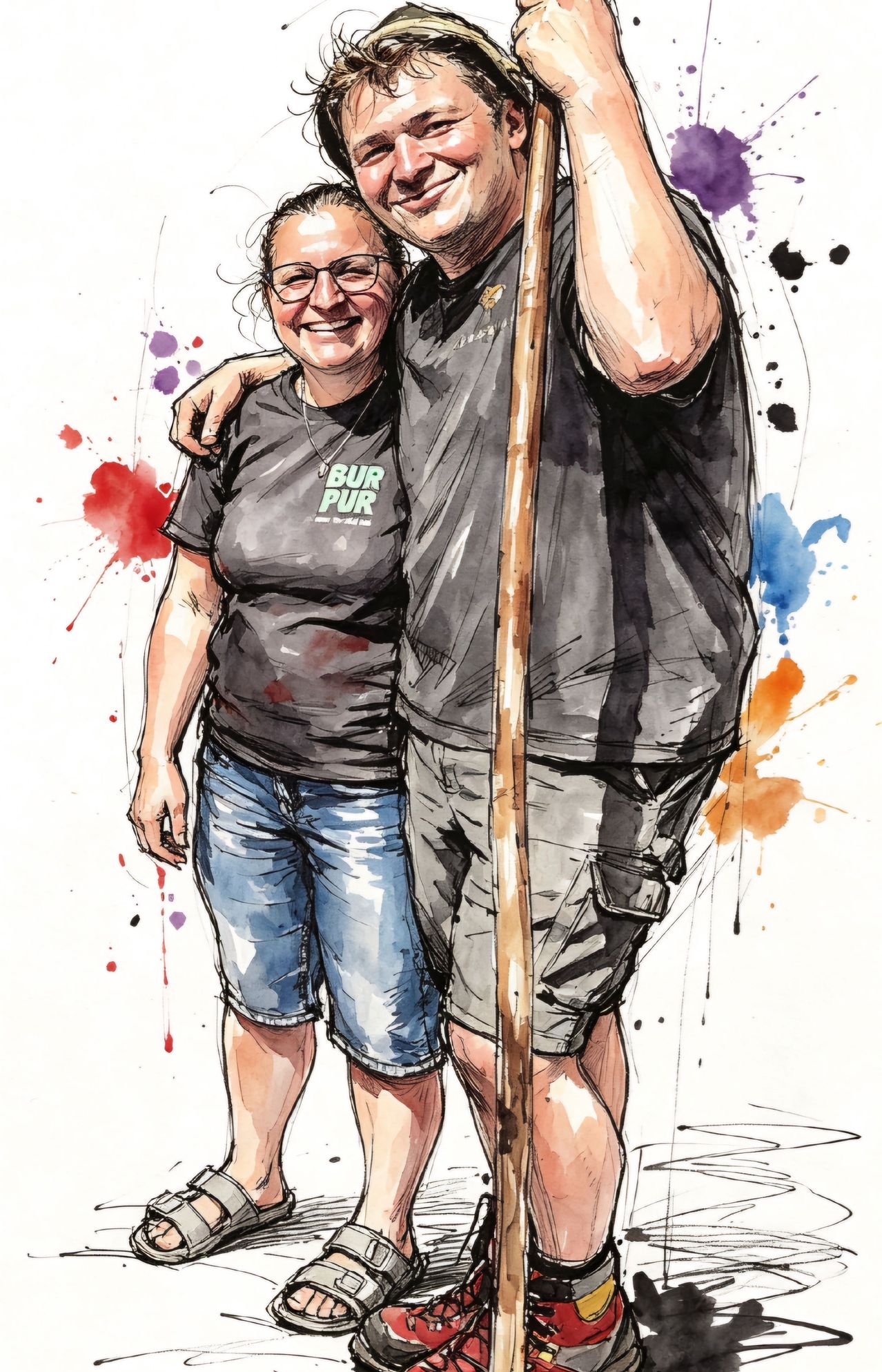 A watercolor painting of a smiling couple, the woman wearing a 'Burpur' t-shirt and the man holding a stick.