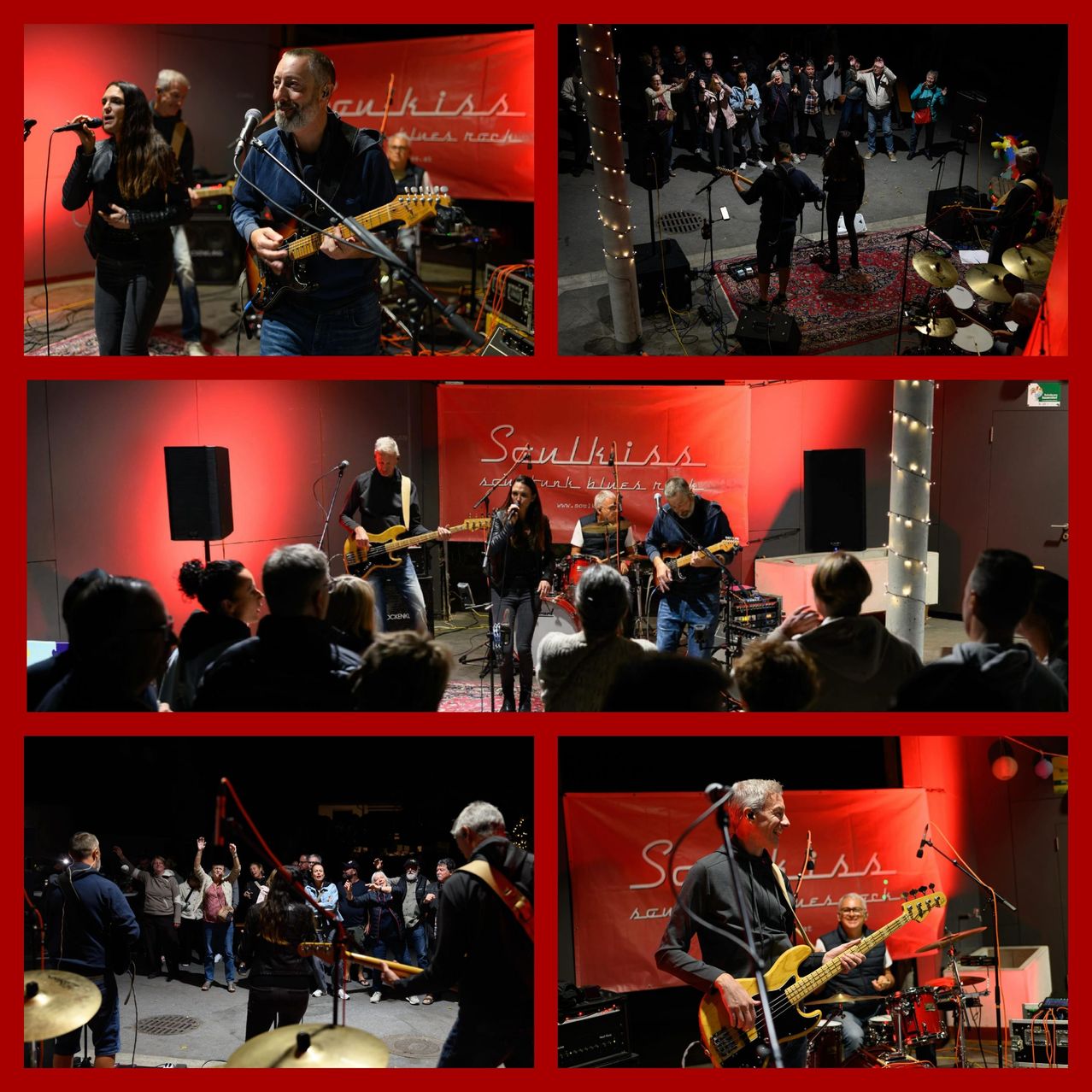 A collage of images showing a band performing on stage with a red backdrop, a singer with a microphone, and a guitarist playing an electric guitar.