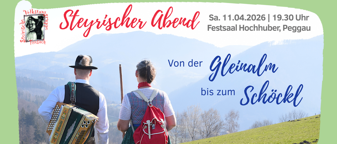 Ein Bild, das zwei Personen in traditioneller Kleidung zeigt, die in einem Feld mit Bergen im Hintergrund spazieren. Der Text-Overlay lautet 'Grüner Abend' und 'Festsaal Ho' mit einem Datum.