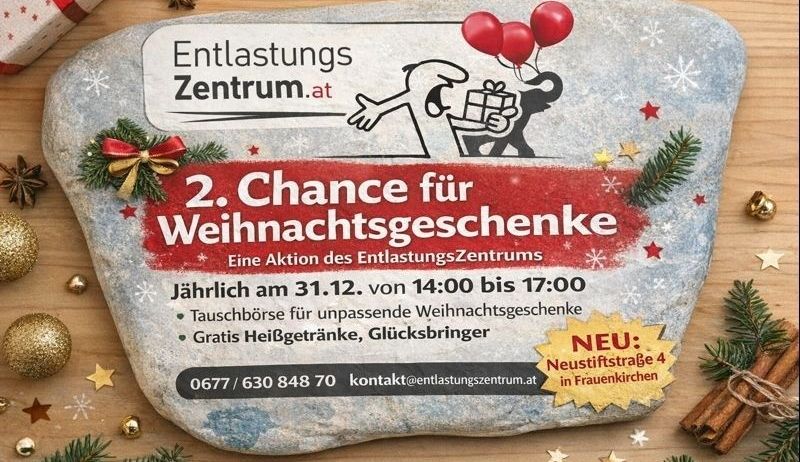 Ein Plakat des Entlastungs Zentrums bietet eine zweite Chance für Weihnachtsgeschenke, mit einem Cartoon-Elefanten, der einen Geschenkkarton hält. Die Veranstaltung findet jährlich am 31. Dezember von 14:00 bis 17:00 Uhr statt, mit einem Tauschladen für ungeeignete Geschenke, kostenlosem Glühwein und einem Glücksbringer. Kontakt: kontakt@entlastungszentrum.at.