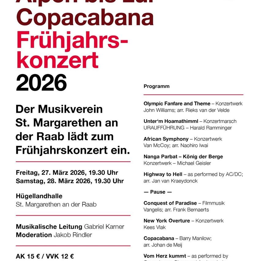 Poster für das Copacabana-Frühjahrskonzert 2026. Der Musikverein St. Margarethen lädt zum Frühjahrskonzert ein. Programm umfasst 'Olympic Fanfare and Theme', 'Unter'm Hoamathiml', 'African Symphony', 'Nanga Parbat', 'Highway to Hell', 'Conquest of Paradise', 'New York Overture' und 'Copacabana'. 27. und 28. März 2026 um 19:30 Uhr.