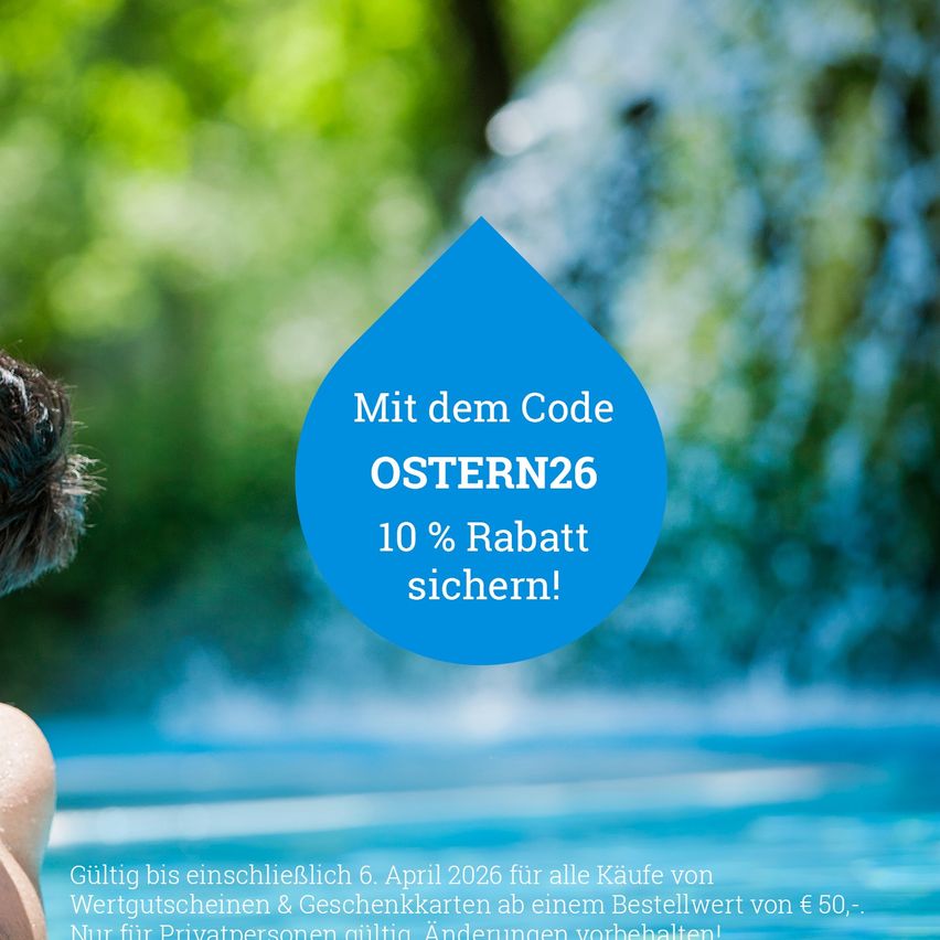 An advertisement for a pool shows a person with the offer of 10% discount using the code OSTERN26. Valid until April 6, 2026 for purchases of vouchers and gift cards above €50. For private individuals only.