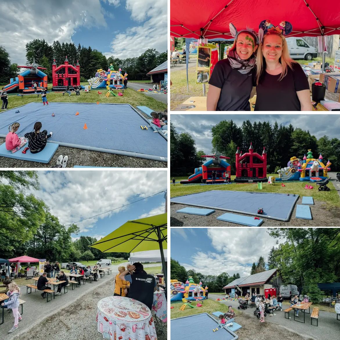 Eine Collage von Bildern, die eine Kinderparty mit verschiedenen Aktivitäten und Spielen zeigt, einschließlich Luftmatratze, Hüpfburg und Gesichtsbemalung. Andere Bilder zeigen Kinder, die auf einem Teppich spielen, und Erwachsene, die unter einem Zelt essen.