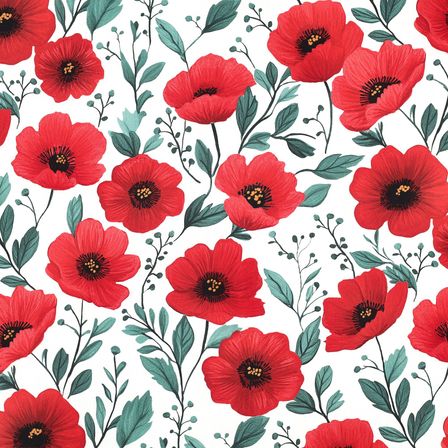 Ein weißer Hintergrund zeigt ein Muster aus roten Blumen mit grünen Blättern, das an ein florales Tapetendesign erinnert.