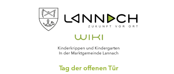 Das Bild ist eine Einladung für einen Tag der offenen Tür für Kinderkrippe und Kindergarten in der Stadt Lanach. Die Veranstaltung findet am 20. Januar 2026 statt. Die Anmeldung kann nur über das Kinderportal erfolgen.