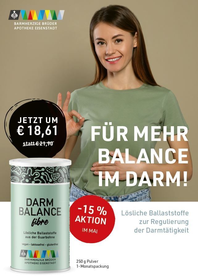 Werbung für das Darm Balance fiber Produkt, mit einer lächelnden Frau, die ihren Bauch hält, und einem Preisschild, das einen Rabatt von 21,90 Euro auf 18,61 Euro zeigt.