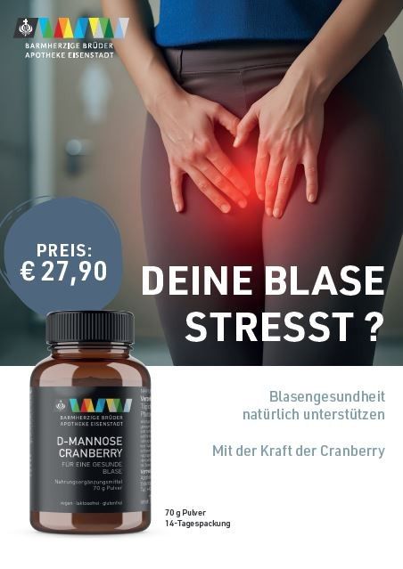 Werbung für D-Mannose Cranberry Blasengesundheitsergänzung. Frau mit Blasenstress, hält den Bauch. Preis ist 27,90 Euro. Enthält 70 g Pulver, 14-Tage-Vorrat.