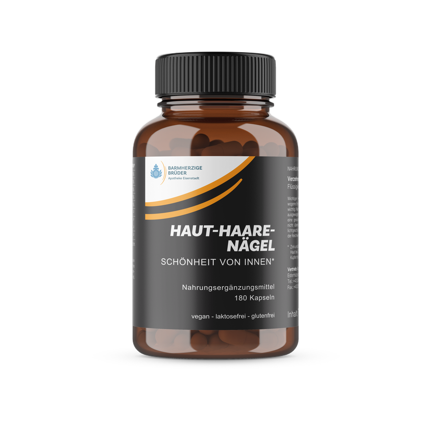 Eine Flasche Nahrungsergänzungsmittel-Kapseln mit der Aufschrift 'HAUT-HAARE-NAGEL SCHÖNHEIT VON INNEN' für Schönheit von innen, mit 180 Kapseln, vegan, laktosefrei und glutenfrei.