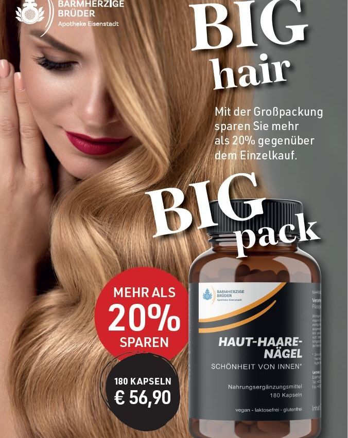 Werbeanzeige für ein Haar- und Nagelergänzungsmittel mit einer Frau mit blonden Haaren. Das Produkt ist in einer großen Packung erhältlich und bietet über 20% Ersparnis im Vergleich zum Einzelkauf.