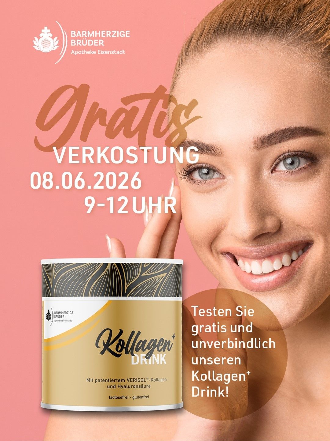 Eine Werbung für eine kostenlose Verkostungsveranstaltung am 08.06.2026 mit einer Frau, die eine Dose 'Kollagen Drink' hält. Der Text lädt dazu ein, das Produkt unverbindlich zu testen.