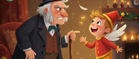 Ein alter Mann mit einem Stock und einem Zylinder spricht mit einem freudigen Jungen, der als Elf verkleidet ist, in einem mit Weihnachtsschmuck und einem Kamin dekorierten Raum.