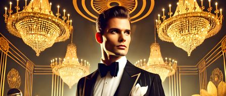 Ein Mann in einem schwarzen Frack steht in einem eleganten Raum mit goldenen Kronleuchtern. Er hält ein Champagnerglas. Gäste in formeller Kleidung umgeben ihn.