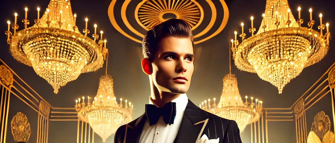 Ein Mann in Anzug steht in einem Raum mit Kronleuchtern und Leuten in 1920er-Jahre-Kleidung. Er hält ein Glas Champagner.