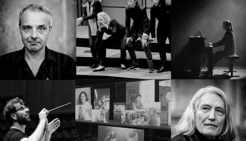 Eine Schwarz-Weiß-Collage von Fotos von Menschen. Links ist ein Mann mit einem Taktstock. Rechts sitzt eine Frau an einem Klavier. Unten ist ein Mann mit Bart. In der Mitte sind vier Personen auf einer Bühne.
