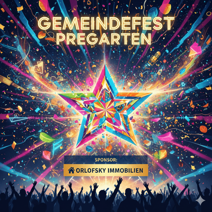 Ein farbenfrohes Plakat für ein Gemeindefest namens 'Gemeindefest Pregarten'. Es zeigt einen strahlenden Stern in der Mitte, umgeben von Konfetti und bunten Lichtern. Unten befindet sich das Logo des Sponsors Orlofsky Immobilien.