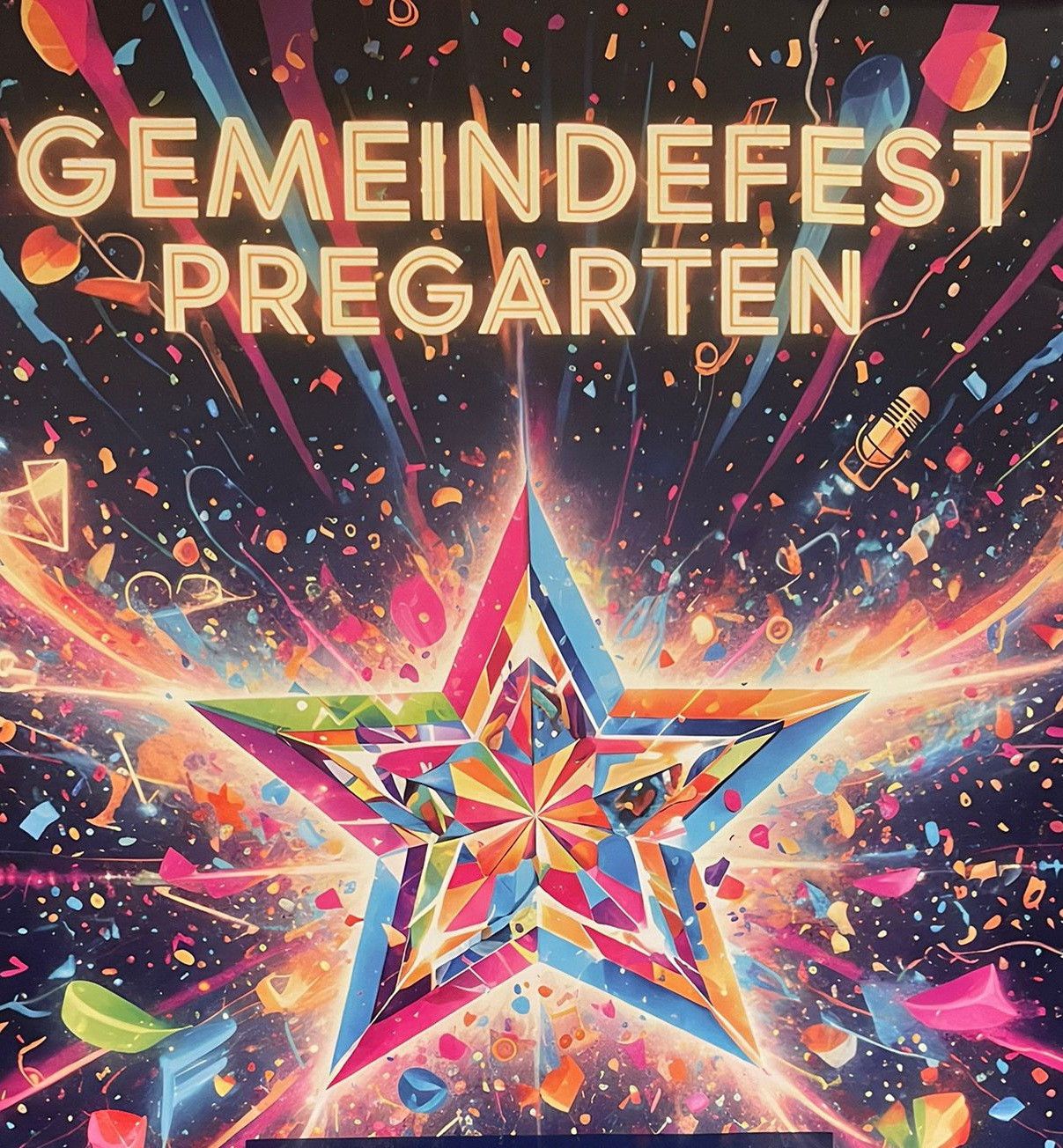 Ein bunter Stern in der Mitte eines farbenfrohen Hintergrunds. Oben steht in weiß 'GEMEINDEFEST PREGARTEN'. Der Stern ist von Konfetti und Luftballons umgeben.
