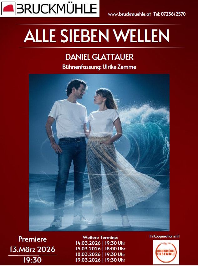 Poster für Alle Sieben Wellen mit einem Mann und einer Frau, die vor einer Welle am Strand stehen. Premiere am 13. März 2026.