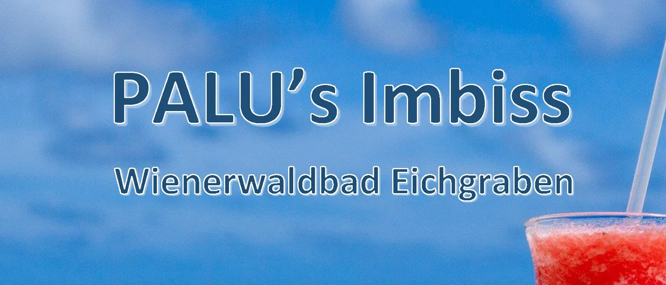 Strandrestaurant Palu's Imbiss in Eichgraben. Ein roter Cocktail am Strand mit dem Meer im Hintergrund. Der Text lautet 2026 und Speisekarte.
