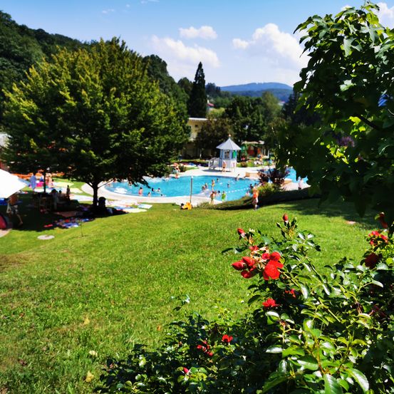 Freibad mit schwimmenden und sonnenbadenden Personen. Ein Pavillon steht am Wasser. Grüner Rasen und Bäume umgeben das Gebiet.