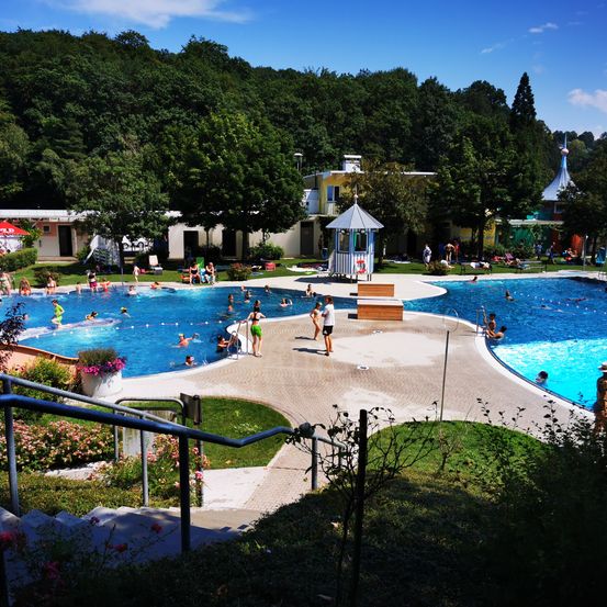 Ein Wasserpark mit mehreren Schwimmbecken und Menschen, die schwimmen und herumstehen, umgeben von Bäumen und Blumen.