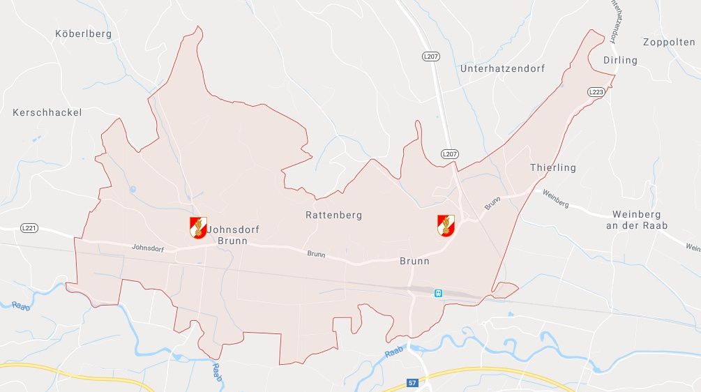Eine Karte, die zwei Städte, Johnsdor und Brunn, mit ihren Standorten und der umliegenden Gegend hervorhebt. Die Städte sind mit unterschiedlichen Symbolen markiert und von Straßen und Gewässern umgeben.