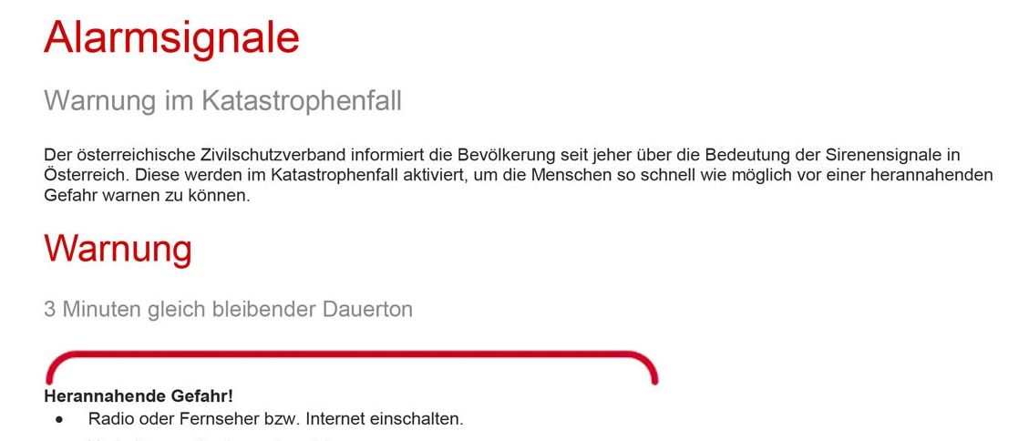 Das Bild zeigt ein Warnsystem mit Schritten zur Befolgung während eines Notfalls. Zuerst erscheint eine Warnmeldung für 3 Minuten. Suchen Sie Schutz und befolgen Sie Anweisungen über Radio, Fernsehen oder Internet. Dann erklingt ein Alarm für 1 Minute mit steigenden und fallenden Tönen. Suchen Sie sichere Bereiche und befolgen Sie Anweisungen. Danach erscheint eine Entwarnungsmeldung für 1 Minute. Weitere Hinweise werden gegeben. Zuletzt erklingt ein Testsignal für 15 Sekunden. Dieser Test findet jeden Samstag um 12 Uhr statt.