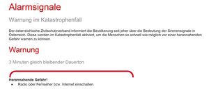 Das Bild zeigt ein Warnsystem mit Schritten zur Befolgung während eines Notfalls. Zuerst erscheint eine Warnmeldung für 3 Minuten. Suchen Sie Schutz und befolgen Sie Anweisungen über Radio, Fernsehen oder Internet. Dann erklingt ein Alarm für 1 Minute mit steigenden und fallenden Tönen. Suchen Sie sichere Bereiche und befolgen Sie Anweisungen. Danach erscheint eine Entwarnungsmeldung für 1 Minute. Weitere Hinweise werden gegeben. Zuletzt erklingt ein Testsignal für 15 Sekunden. Dieser Test findet jeden Samstag um 12 Uhr statt.