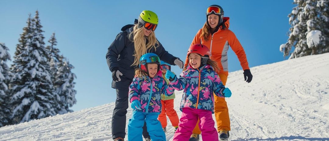 Zwei Frauen und drei Kinder stehen auf einem verschneiten Hang, alle in Winterkleidung und lächeln. Die Kinder haben farbenfrohe Helme und Handschuhe an.