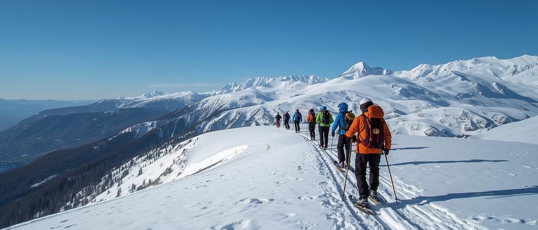 Eine Gruppe von Menschen wandert einen verschneiten Berg hinauf. Sie tragen alle Winterkleidung und halten Skistöcke. Der Schnee bedeckt den Boden und die Berge.