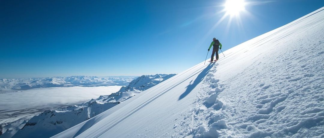 Ein Skifahrer erklimmt einen schneebedeckten Berghang bei hellem Sonnenschein am blauen Himmel.