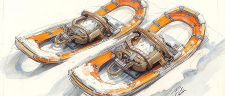 Eine Illustration von zwei orangefarbenen und weißen Schneeschuhen mit Riemen und Schnallen. Einer steht aufrecht, der andere liegt auf der Seite mit einem Beutel im Inneren.
