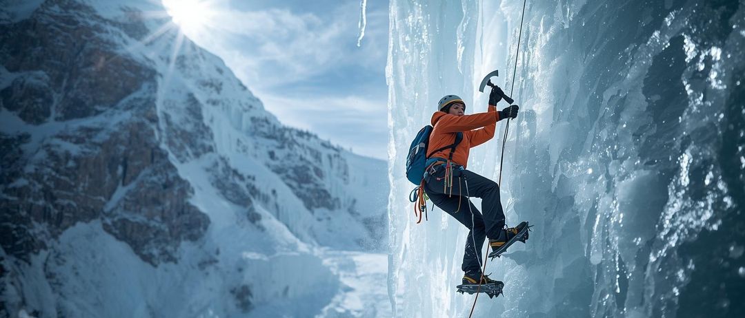 Ein Bergsteiger klettert einen vereisten Fels auf, mit Eispickel und Steigeisen. Er trägt einen Helm und Handschuhe, mit einem hellen Sonnenschein darüber und schneebedeckten Bergen im Hintergrund.