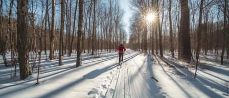 Eine Person rennt auf einem schneebedeckten Pfad im Wald, während die Sonne hell über ihr scheint.