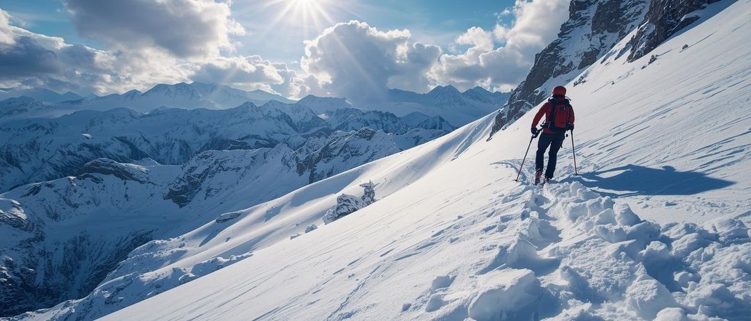 Ein Skifahrer in einem roten Jackett und Rucksack erklimmt einen verschneiten Berg unter einem hellen Sonnenschein mit verstreuten Wolken.