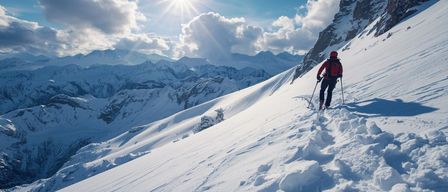 Ein Skifahrer in einem roten Jackett und Rucksack erklimmt einen verschneiten Berg unter einem hellen Sonnenschein mit verstreuten Wolken.