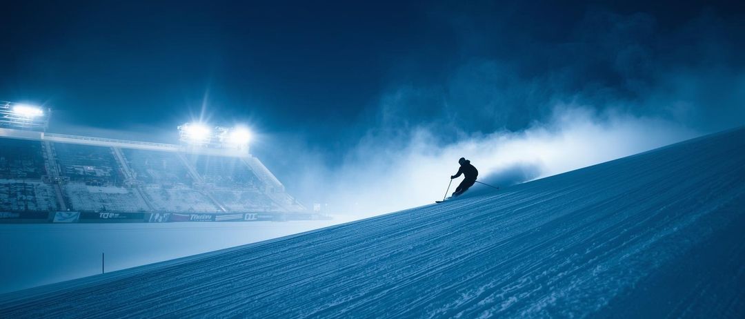 Ein Skifahrer fährt bei Nacht einen Hang hinab, beleuchtet von Flutlichtern. Der Skifahrer ist von Nebel umgeben, und das Stadion scheint leer zu sein.