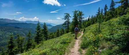 Ein Wanderer mit Rucksack und roter Mütze geht auf einem Pfad mit gelben Blumen, umgeben von grünen Bäumen und Bergen unter einem blauen Himmel.