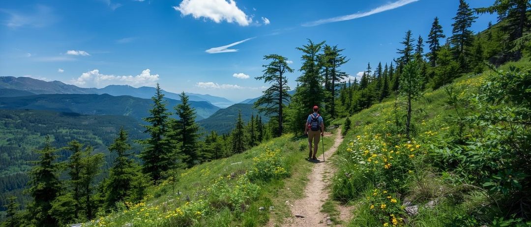 Ein Wanderer mit Rucksack und roter Mütze geht auf einem Pfad mit gelben Blumen, umgeben von grünen Bäumen und Bergen unter einem blauen Himmel.