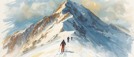 Drei Personen erklimmen einen schneebedeckten Berggipfel unter einem teilweise bewölkten Himmel. Sie sind mit Skiausrüstung und Rucksäcken ausgestattet.