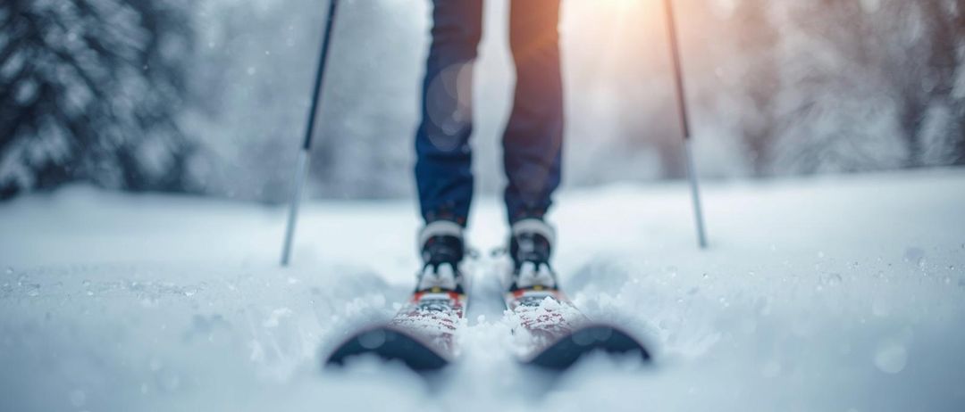 Ein Skifahrer steht auf verschneiten Boden, umgeben von Bäumen und leichtem Schnee. Sie tragen Skier, Hosen und Stiefel. Die Sonne scheint durch.
