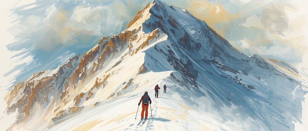 Drei Bergsteiger erklimmen einen verschneiten Berggipfel. Sie sind in orangefarbener Winterkleidung gekleidet und tragen Rucksäcke und Skistöcke.