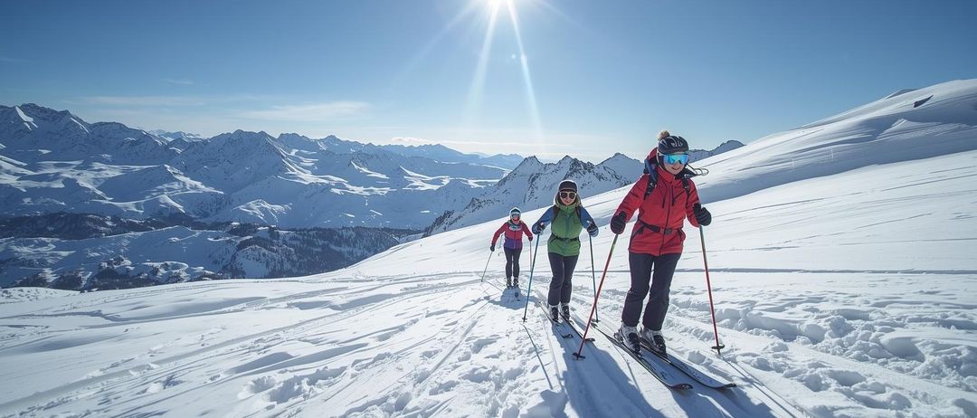 Drei Skifahrer üben Langlauf auf einem verschneiten Berg, während die Sonne hell über ihnen scheint.